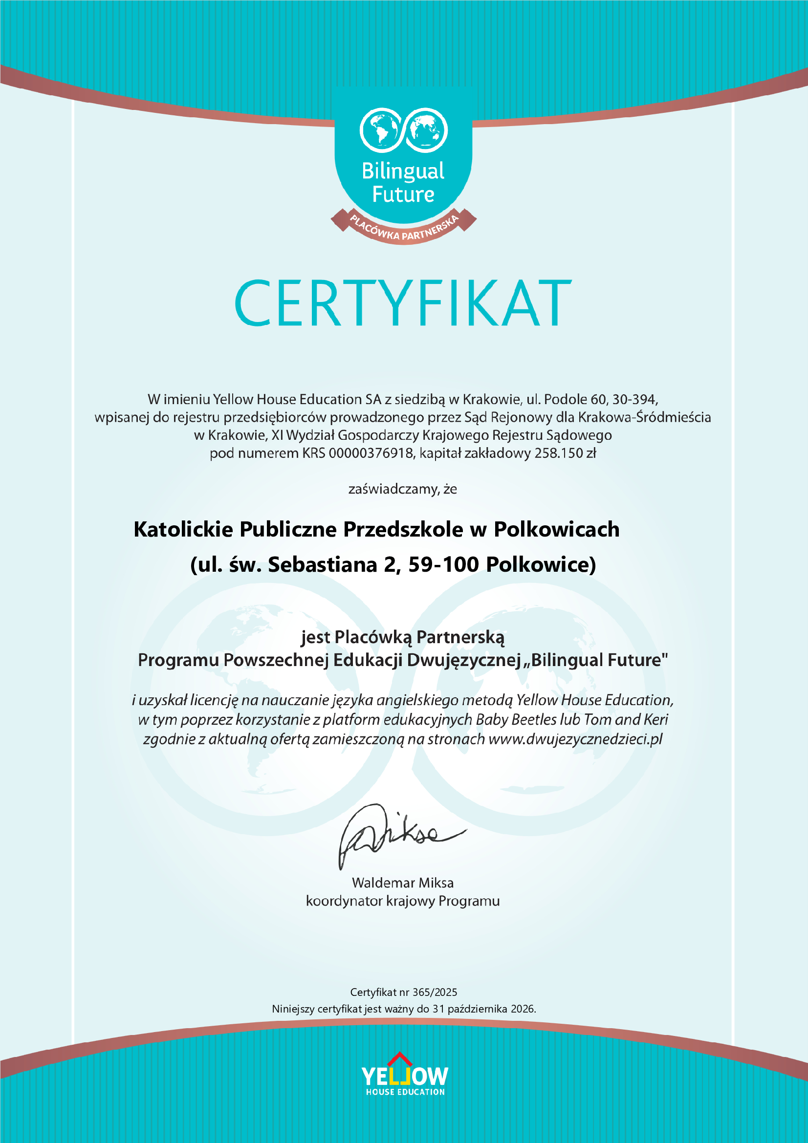 j. angielcki certyfikat