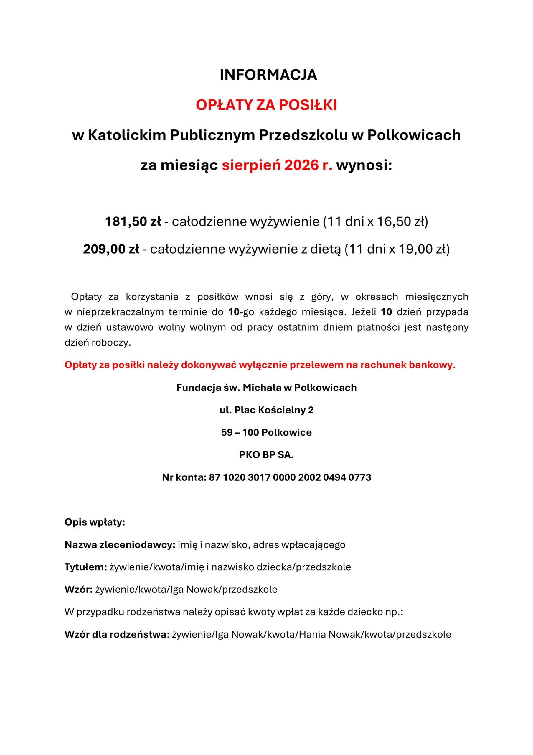 informacja opłaty za 08.26 przedszkole